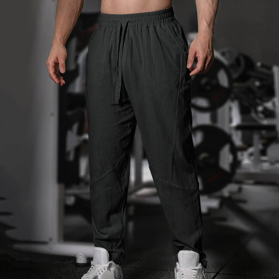 asjyhkr Mens Cotton Line Pants Lightweight Breathable Elastic Waist Drawstring Casual Sweatpants with Pockets
