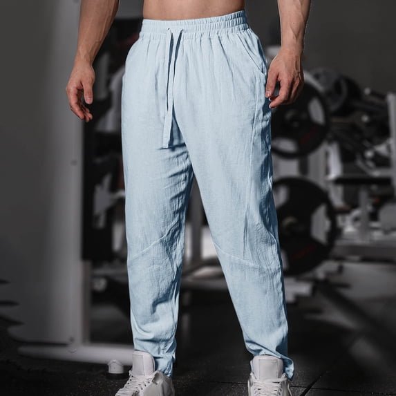 asjyhkr Mens Cotton Line Pants Lightweight Breathable Elastic Waist Drawstring Casual Sweatpants with Pockets