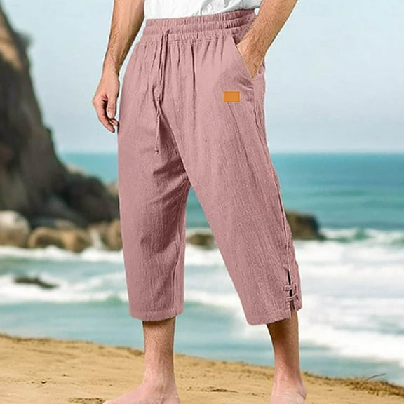 asjyhkr Mens Cotton Linen Pants Elastic Waist Drawstring Outdoor Gym Beach Pants with Pockets