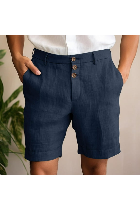 Mens Dress Shorts Casual Button Waistband Cotton Linen Breathable Beach Party Wedding Shorts with Pockets