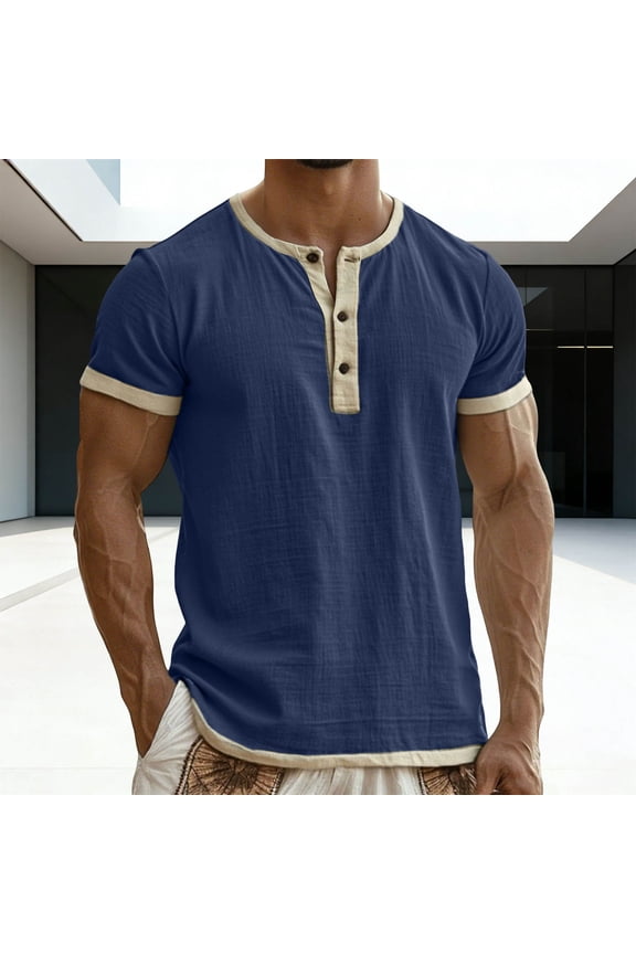 Mens Henley Linen T-Shirt Button Short Sleeve Crew Neck Solid Color Daily Wear Casual Active Tees