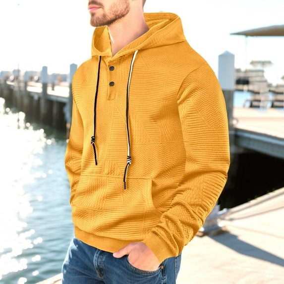 asjyhkr Mens Hoodies Button Crew Neck Drawstring Hooded Long Sleeve Pullover Solid Color Fashion Casual Loose Hiking Gym Workout Sweatshirts with Pockets