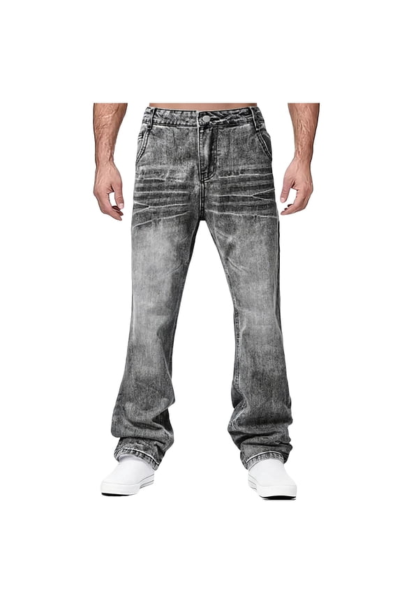 Mens Jeans Stretch Athletic Fitted Casual Stretchwear Vintage Wide Leg Loose Fitted Denim Pants