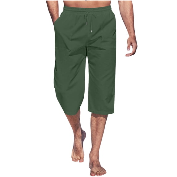 asjyhkr Mens Linen Capri Pants with Pockets Drawstring Elastic Waist Casual Beach Hiking Outdoor Pants