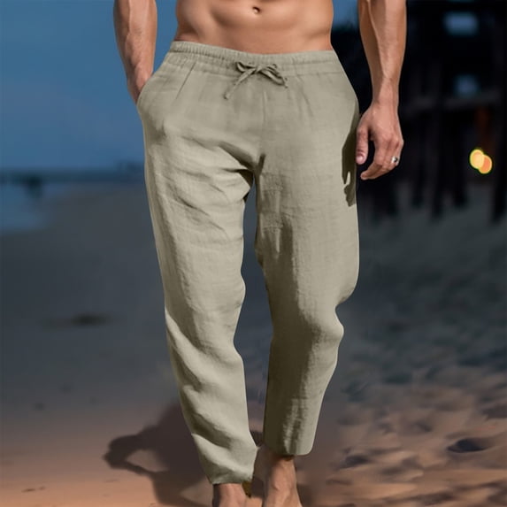 asjyhkr Mens Linen Pants Drawstring Elastic Waist Lightweight Beach Hiking Beach Pants with Pockets