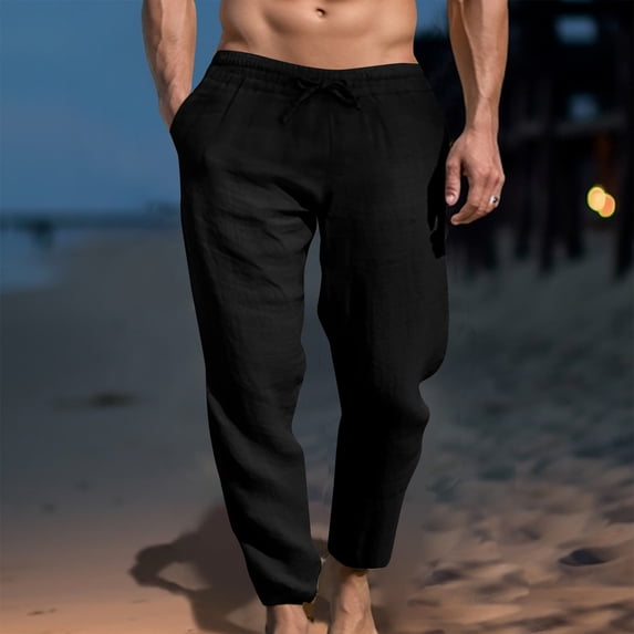 asjyhkr Mens Linen Pants Drawstring Elastic Waist Lightweight Beach Hiking Beach Pants with Pockets