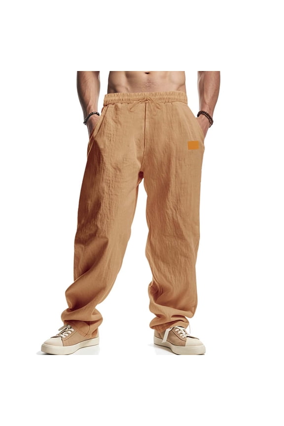 Mens Linen Pants Lightweight Elastic Waist Drawstring Straight Leg Outdoor Beach Trousers with Pockets
