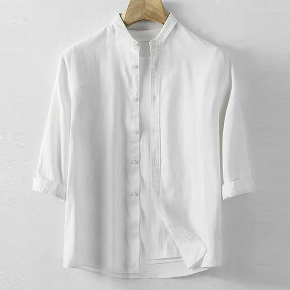 asjyhkr Mens Linen Shirts 3/4 Sleeve Lightweight Button down Stand Collar Casual Outdoor Beach Shirts