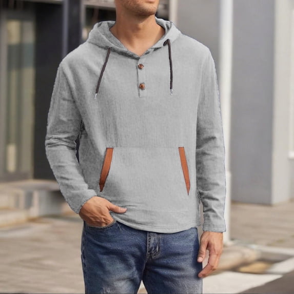 asjyhkr Mens Linen Shirts Long Sleeve Drawstring Hooded Button Crew Neck Hoodies Casual Fashion Breathable Hiking Beach Workout Tops with Pockets