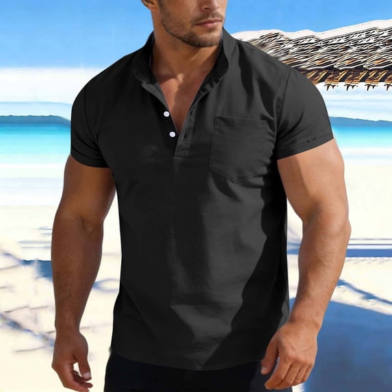 asjyhkr Mens Linen T-Shirt with Pocket Button Short Sleeve Solid Color Loungewear Standing Neck Shirts