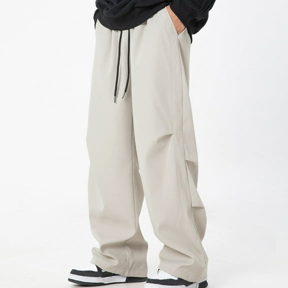 asjyhkr Mens Pants Elastic Waist Drawstring Ruffle Wide Leg Loose Casual Breathable Outdoor Hiking Gym Pants with Pockets