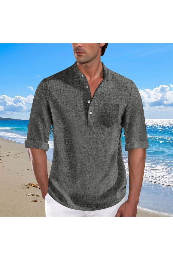Mens Shirts 3/4 Sleeve Half Button Stand Collar Pullover Solid Color Casual Lightweight Breathable Hiking Beach Vacation Tops with Pocket