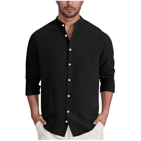 asjyhkr Mens Shirts Long Sleeve Button down Shirt LightweightBeach Vacation Stand Collar Business Casual Shirt with Pocket(XXL,Black)