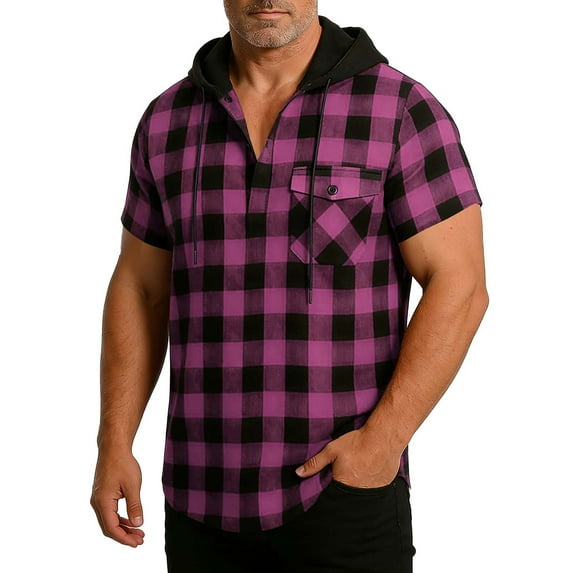 asjyhkr Mens Short Sleeve Hoodies Plaid with Pockets Casual Loose Fitted Comfy Workout Running Pullover