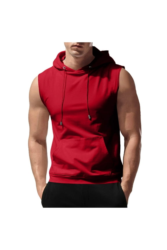 Mens Summer Gym Hoodies Sleeveless Shirts Drawstring and Pockets Workout Running Tees
