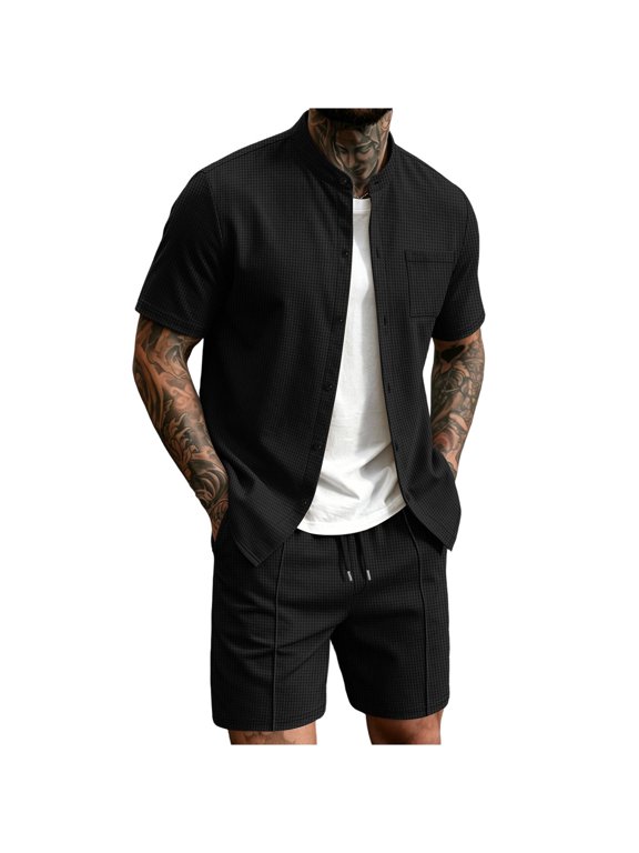 Mens Summer Outfits Textured Stand Collar Button Shirts Drawstring Casual Shorts Beach Vacation Short Sets(Medium,Black)