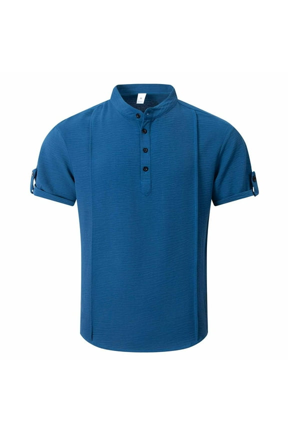 Mens T-Shirt Short Sleeve Buttons Pleated Polyester Lightweight Soild Color Summer Casual Shirts