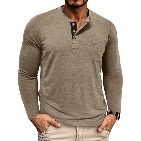 asjyhkr Mens Undershirts Button Crew Neck Long Sleeve Stretch Pullover Fashion Solid Color Breathable Casual Hiking Gym Workout Tops with Pocket