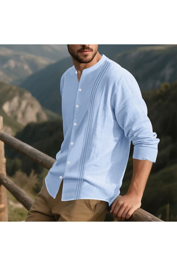 Mens Undershirts Button Crew Neck Long Sleeve Striped Cardigan Shirts Casual Fashion Breathable Hiking Vacation Outdoor Tops