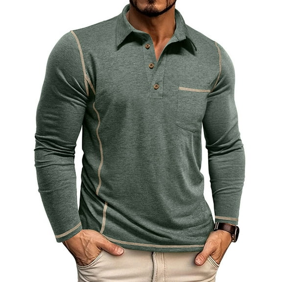 asjyhkr Mens Undershirts Button Lapel Long Sleeve Pullover Solid Color Casual Fashion Hiking Workout Gym Tops with Pocket