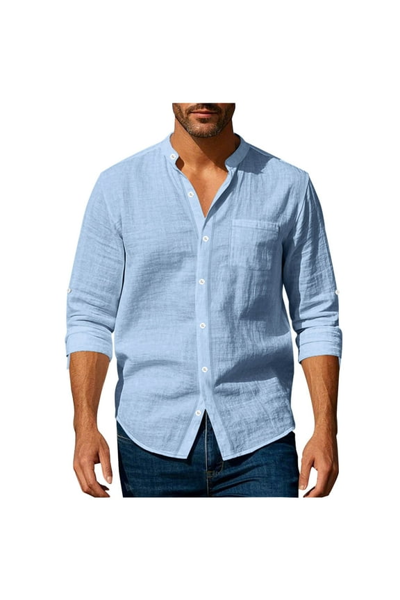 Mens Undershirts Long Sleeve Button Crew Neck Cardigan Shirts Casual Breathable Solid Color Vacation Hiking Tops with Pockets