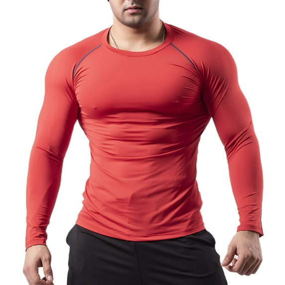 asjyhkr Mens Undershirts Long Sleeve Crew Neck Tights Breathable Running Workout Gym Athletic Solid Color Shirts
