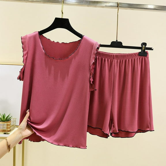 asjyhkr Modal Pajamas Women Set 2 Piece Ribbed Sleeveless Crew Neck Tops High Waist Shorts Loose Solid Color Homewear Outside Wearing Sleepwear