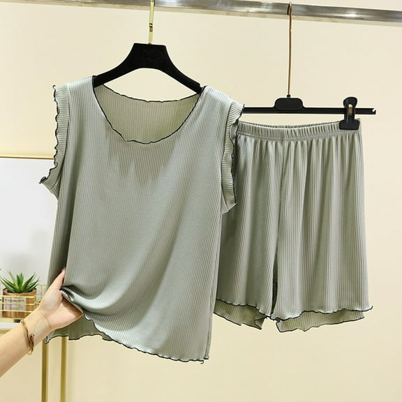 asjyhkr Modal Pajamas Women Set 2 Piece Ribbed Sleeveless Crew Neck Tops High Waist Shorts Loose Solid Color Homewear Outside Wearing Sleepwear