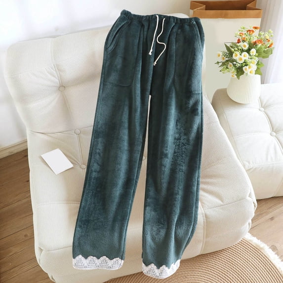 asjyhkr Pajama Pants Women Elastic Waist Drawstring Fleece Lined Casual Thermal Loose Home Sleepwear Solid Color Pants with Pockets