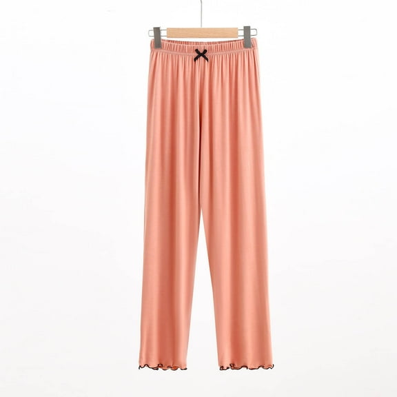 asjyhkr Pajama Pants Women High Waist Bows Front Ruffle Wide Leg Casual Loose Breathable Solid Color Sleepwear Homewear Pants