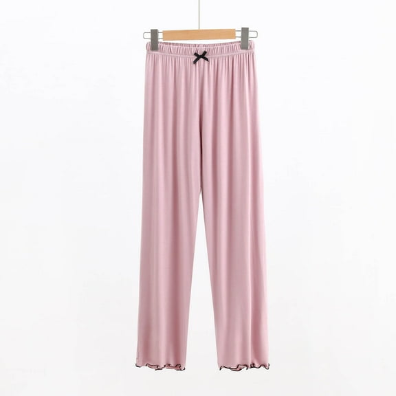 asjyhkr Pajama Pants Women High Waist Bows Front Ruffle Wide Leg Casual Loose Breathable Solid Color Sleepwear Homewear Pants