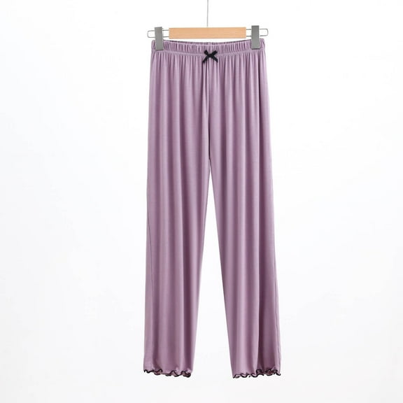 asjyhkr Pajama Pants Women High Waist Bows Front Ruffle Wide Leg Casual Loose Breathable Solid Color Sleepwear Homewear Pants