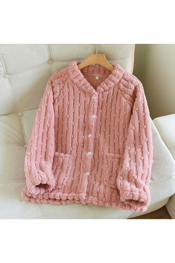 Pajama Tops for Women Long Sleeve Crew Neck Button down Cardigan Fleece Lined Thermal Casual Homewear Sleepshirts with Pockets