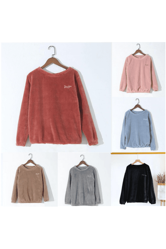 Pajama Tops for Women Long Sleeve Crew Neck Fleece Lined Thermal Causal Breathable Sleepwear Homewear Solid Color Sleepshirts