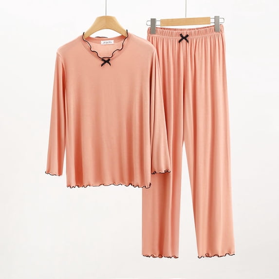 asjyhkr Pajamas for Women Set 2 Piece Bows Front Ruffle Long Sleeve Crew Neck Tops Elastic Waist Pants Solid Color Breathable Lightweight Plush Homewear Pjs
