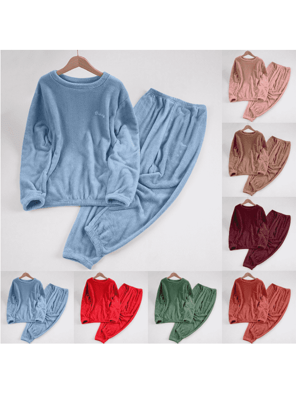 Pajamas for Women Set 2 Piece Fleece Crew Neck Long Sleeve Tops High Waist Jogger Pants Casual Thermal Homewear Sleepwear Pjs