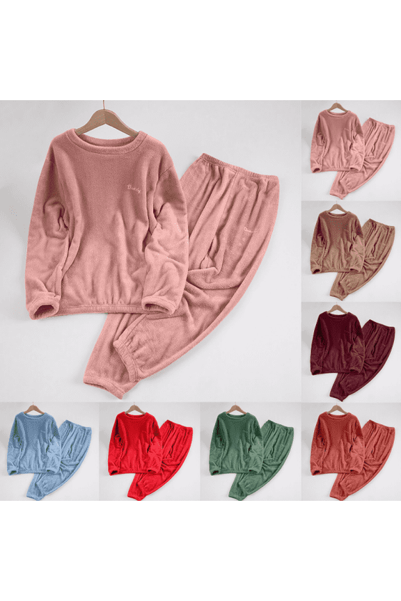 Pajamas for Women Set 2 Piece Fleece Crew Neck Long Sleeve Tops High Waist Jogger Pants Casual Thermal Homewear Sleepwear Pjs