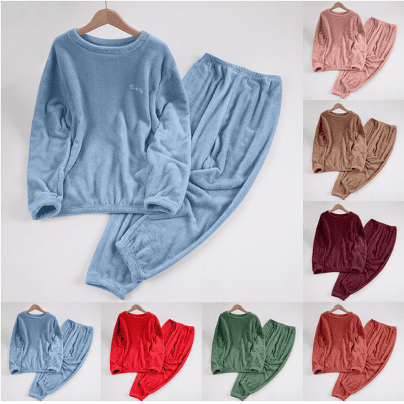 asjyhkr Pajamas for Women Set 2 Piece Fleece Crew Neck Long Sleeve Tops High Waist Jogger Pants Casual Thermal Homewear Sleepwear Pjs