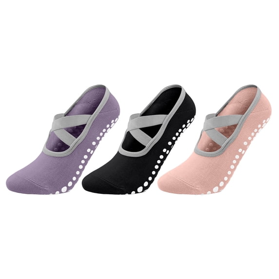 asjyhkr Pilates Socks for Women 3 Pairs Casual Yoga Workout Stretchy Classic Crisscross Straps Barefoot Grip Socks(One-Size,Purple3)