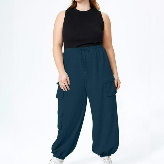 asjyhkr Plus Size Cargo Pants for Women Elastic Waist Jogger Drawstring Work Outdoor Trousers with Multi Pockets,L-4XL