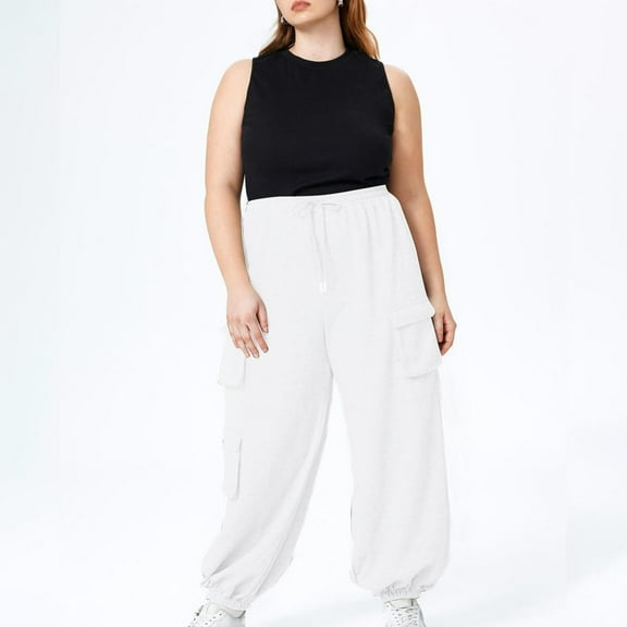asjyhkr Plus Size Cargo Pants for Women Elastic Waist Jogger Drawstring Work Outdoor Trousers with Multi Pockets,L-4XL