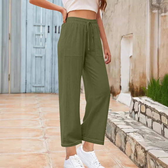 asjyhkr Plus Size Linen Pants Women Elastic Waist Drawstring Lightweight Casual Hiking Beach Outdoor Trousers with Pockets,S-5XL