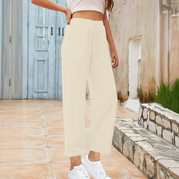 asjyhkr Plus Size Linen Pants Women Elastic Waist Drawstring Lightweight Casual Hiking Beach Outdoor Trousers with Pockets,S-5XL