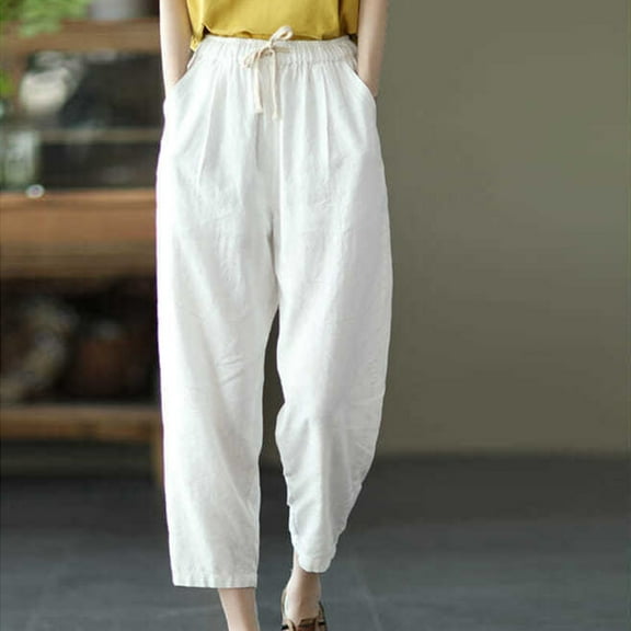 asjyhkr Plus Size Linen Pants Women Jogger Elastic Waist Drawstring Fashion Casual Loose Breathable Solid Color Workout Hiking Vacation Pants with Pockets,M-4XL