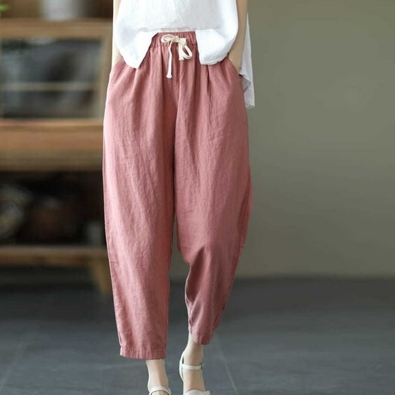 asjyhkr Plus Size Linen Pants Women Jogger Elastic Waist Drawstring Fashion Casual Loose Breathable Solid Color Workout Hiking Vacation Pants with Pockets,M-4XL