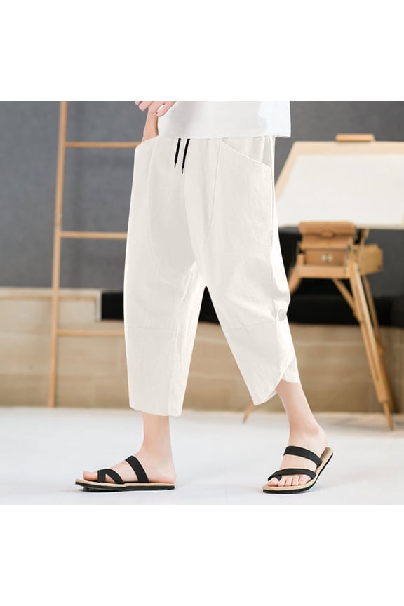 Plus Size Mens Capri Pants Lightweight Breathable Drawstring Elastic Waist Comfy Beach Vacation Trousers(M-5XL)