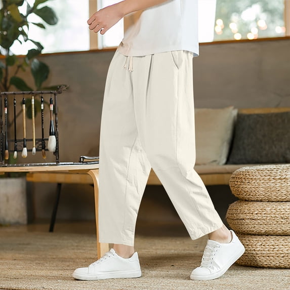 asjyhkr Plus Size Mens Capri Pants Lightweight Elastic Waist Drawstring Summer Beach Pants with Pockets,M-5XL