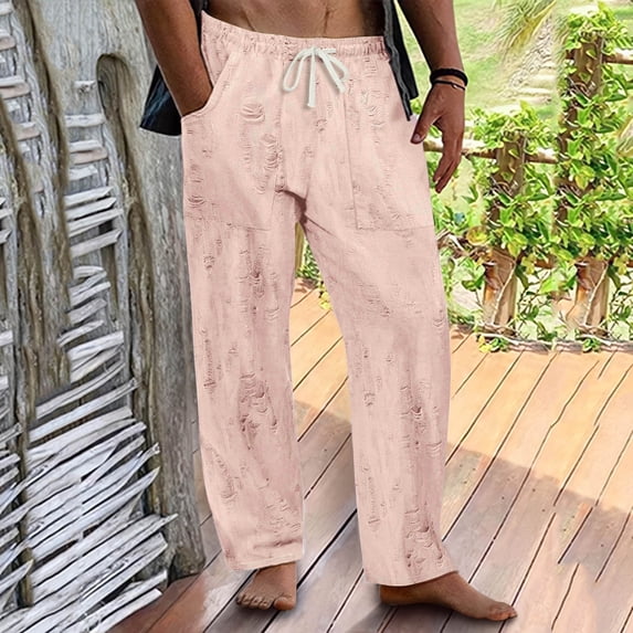 asjyhkr Plus Size Mens Linen Sweatpants Elastic Waist Drawstring Summer Beach Pants with Pockets,S-5XL