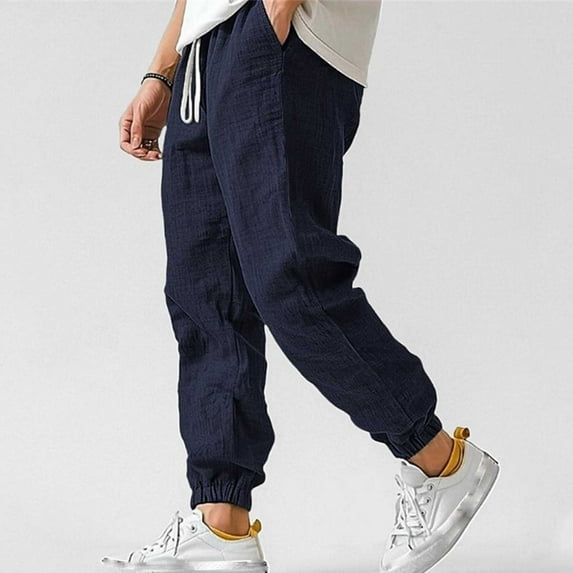 asjyhkr Plus Size Mens Sweatpants Cotton Linen Elastic Waist Drawstring Jogger Beach Pants with Pockets,M-5XL