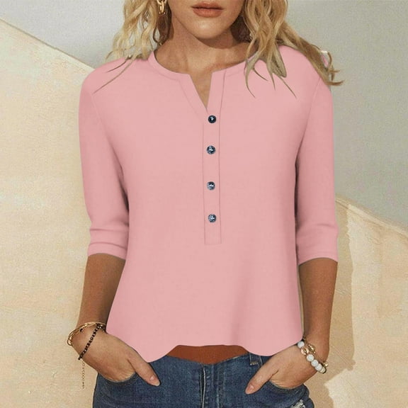 asjyhkr Plus Size Womens Blouses 3/4 Sleeve Button Crew Neck Pullover Casual Loose Solid Color Hiking Gym Outdoor Tops,S-5XL